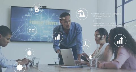 Diverse team collaborating on product launch with data analytics and eco icons