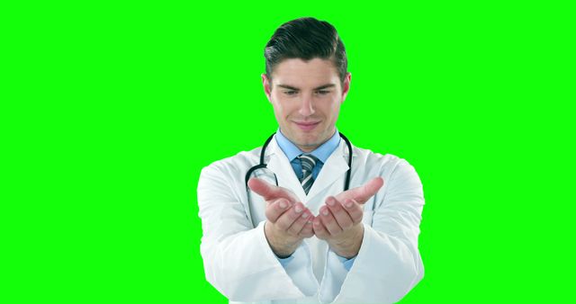 A young Caucasian male doctor is presenting or demonstrating something with his hands outstretched, against a green screen background, with copy space. His professional attire and confident expression suggest a medical consultation or health-related advertisement.