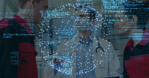 Doctor consulting technicians with holographic world map and code-driven health visualization
