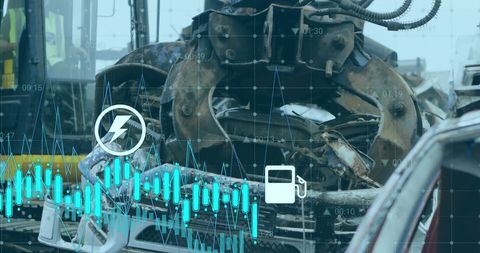 Digital Data and Environmental Icons Over Industrial Machinery Scene