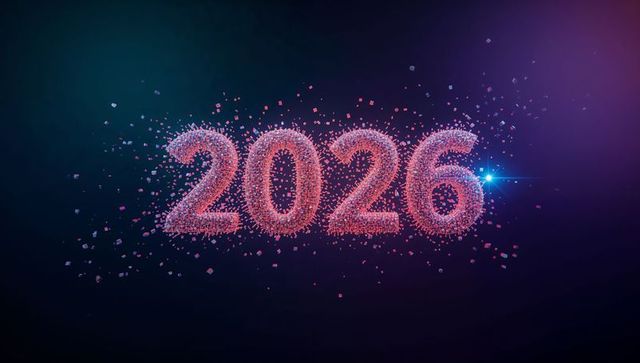 2026 forming from neon cubes exploding into pixels with blue lens flare futuristic glow