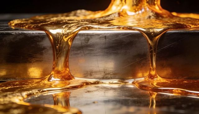Molten amber liquid cascading over metal block macro glossy gold flow and reflection