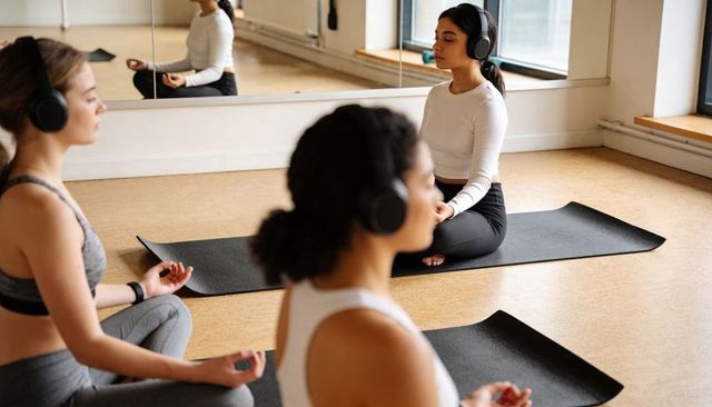 Group Mindfulness Meditation in Yoga Studio Wearing Headphones on Black Mats