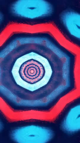 Vertical kaleidoscope mandala rotating and morphing neon cyan and red concentric rings loop