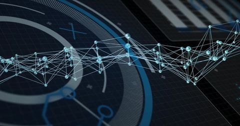 Floating 3D Neural Network Spanning Dark Grid with Glowing Nodes and HUD Elements
