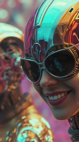 Vertical video panning over row of helmeted androids revealing grinning chrome faces