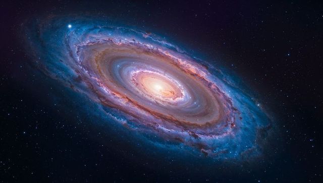 Tilted Spiral Galaxy Rotating with Bright Bulge, Vibrant Blue Arms and Nebula Dust Lanes