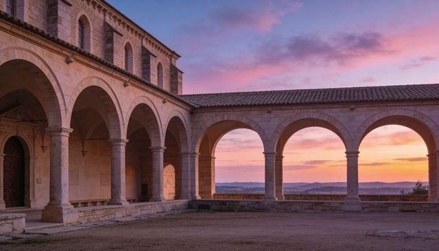 Stone cloister arcade bathing in sunset glow with rounded arches and tiled colonnade