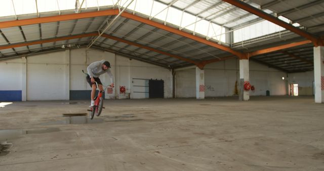 BMX rider executing an impressive stunt in a spacious abandoned warehouse, capturing the thrill and excitement of extreme sports in urban settings. Perfect for use in advertisements, blogs, articles, or marketing materials related to BMX, extreme sports, urban adventures, or cycling gear.