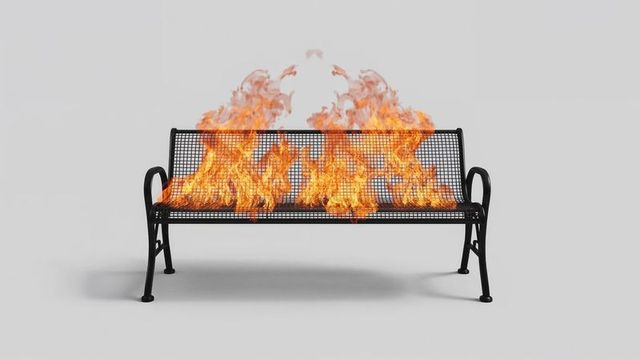 Burning metal bench with intense flames in minimalist setting