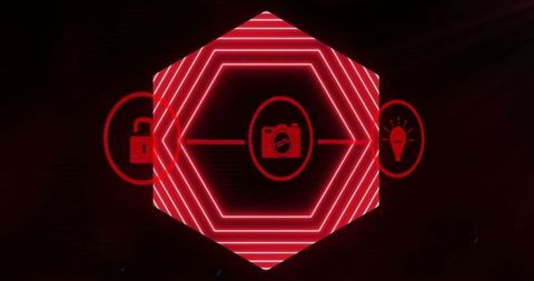 Futuristic interface hexagon with camera icon in red neon glow