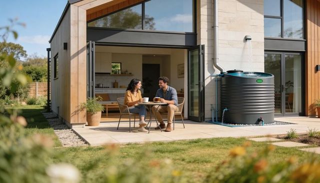 Couple enjoying morning coffee on patio beside rainwater tank at modern eco home