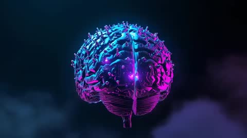 Neon Glowing Cybernetic Brain in Rotating Animation
