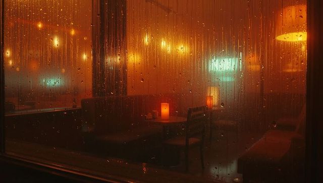 Rain-soaked window revealing ambient diner interior at dusk