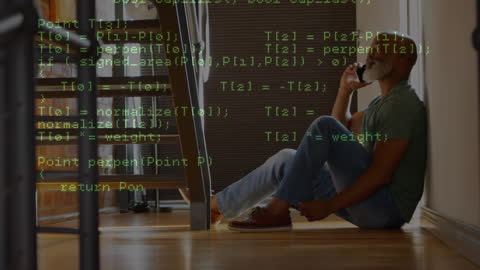 Businessman Discussing on Phone Amidst Data Code Overlay