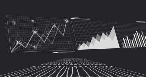 Monochrome futuristic analytics dashboard with flowing binary stream and data visualization