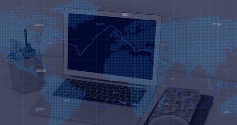 image displays a laptop in an office setting with a digital overlay of a world map, representing global business and networking concepts. this visual can be used for themes related to international markets, digital communications, and technology in business presentations, websites, or promotional materials.