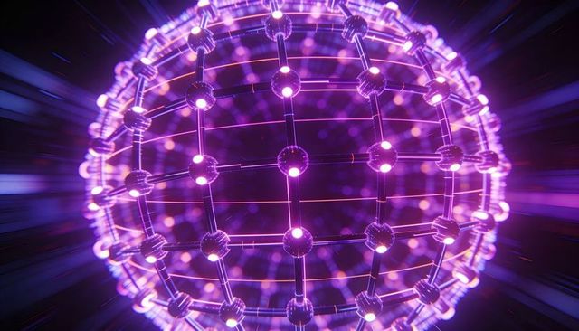 Neon purple spherical lattice with glowing nodes and futuristic digital grid, energy core
