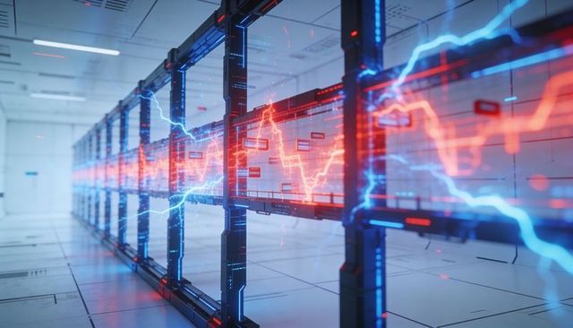 Futuristic data center racks projecting neon red and blue holographic waveform streams