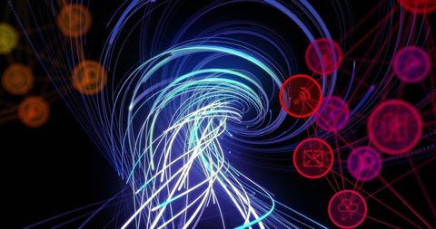 Abstract digital network with vibrant light streaks and icons