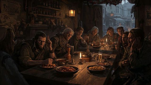 Wartime militia sitting around long wooden table sharing stew, planning under candlelight