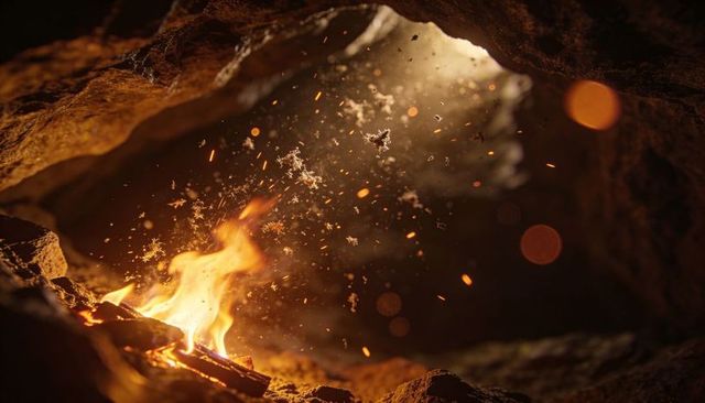 Campfire embers sending glowing sparks and ash through golden light in rocky shelter