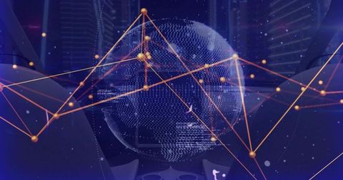 Rotating dotted globe with pulsing orange-gold network lines connecting global data nodes