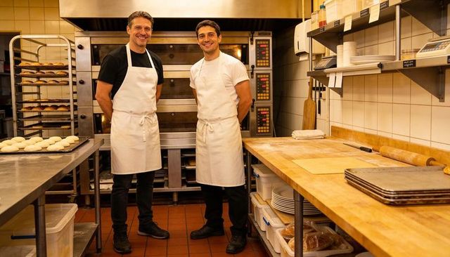 Two bakers standing and preparing dough in commercial bakery with deck ovens