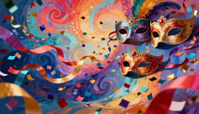 Carnival masks with feathers, ribbons and confetti on swirling colorful backdrop