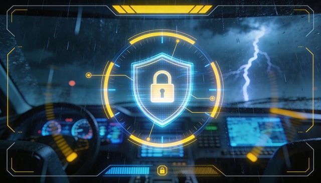 Projecting holographic security shield with padlock over car dashboard in lightning storm
