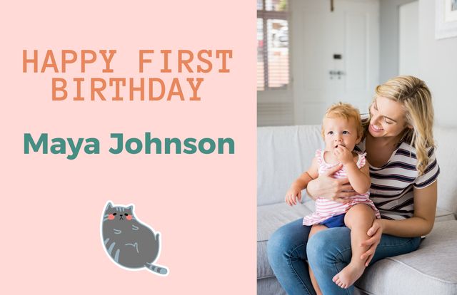 Inviting guests to a first birthday celebration, showcasing a tender moment between mother and child. Ideal for personalizing first birthday events, advertisements focusing on family celebrations, or any context celebrating early childhood milestones with a cute and loving aesthetic.