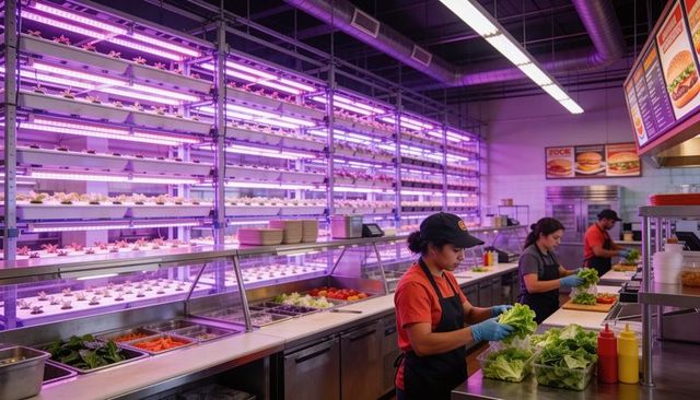 Preparing fresh lettuce in indoor vertical hydroponic kitchen with purple led grow lights