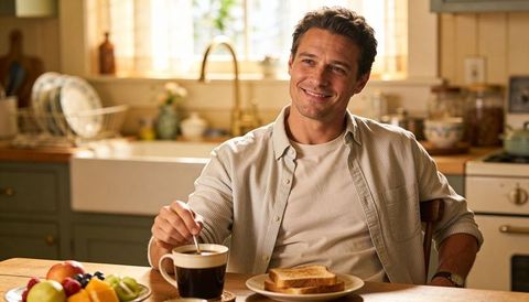 Sunlit rustic breakfast moment: man stirring coffee, toast and fruit on farmhouse table