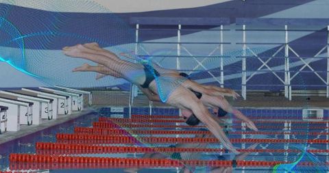 Competitive Swimmers Diving into Pool for Race Start