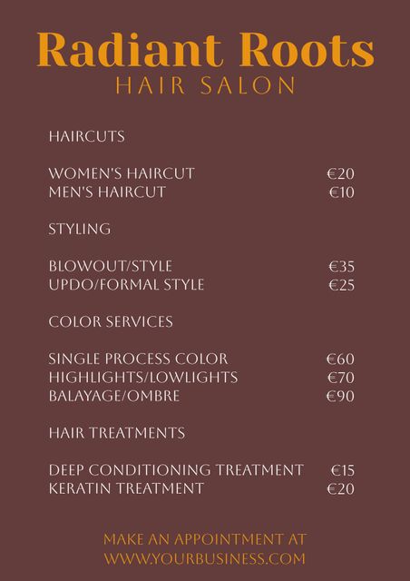 Bright and bold hair salon price list template displaying various services like haircuts, styling, color treatments, and hair treatments along with prices. Ideal for salons and spas to display their complete range of services and prices. Easily adaptable for adding specific service details or additional beauty treatments. Well-suited for displaying on websites, posting on social media, or printing for salon premises to inform clients of available services.