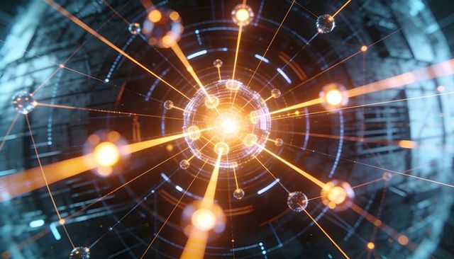 Glowing Core Network Radiating Orange Beams to Nodes Futuristic Digital Energy Hub