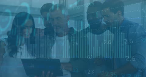 Diverse Team Analyzing Data on Tablet in Corporate Office Environment