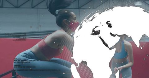 Female athlete performing squat in gym wearing mask with globe overlay for global training