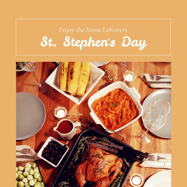 Composition of st stephen's day text and christmas dinner with turkey and side dishes on table. St stephen's day, boxing day, christmas tradition and celebration concept digitally generated image.