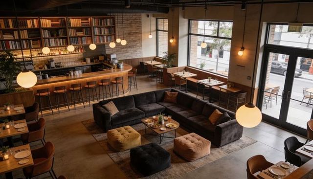 Inviting industrial-chic cafe lounge featuring oversized l-shaped sectional sofa and ottomans