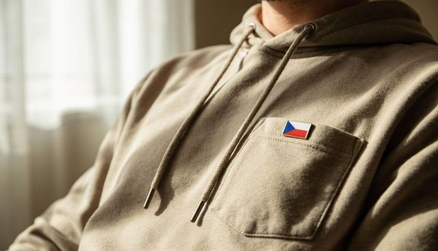 Man wearing beige hoodie with czech republic flag pin by sunlit window, minimalist lifestyle fashion
