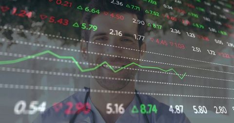 Doctor Reviewing Financial Market Data on Reflective Screen, Healthcare Finance Concept