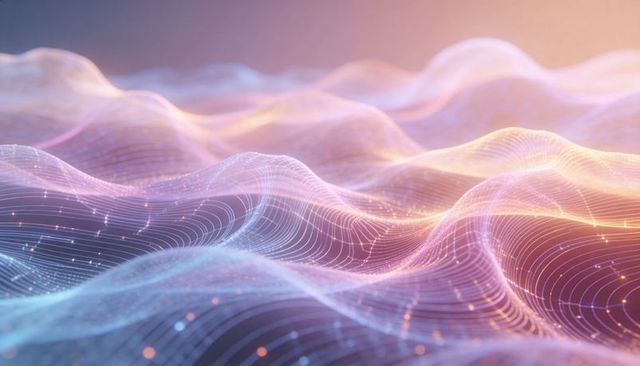 Undulating Digital Wave Mesh with Glowing Nodes, Wireframe Lattice and Luminous Gradient