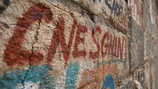 Showing weathered stone wall with red graffiti, peeling paint, mortar cracks closeup