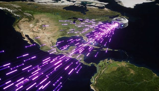 Orbital drone beaming neon purple data streams across north america from low earth orbit