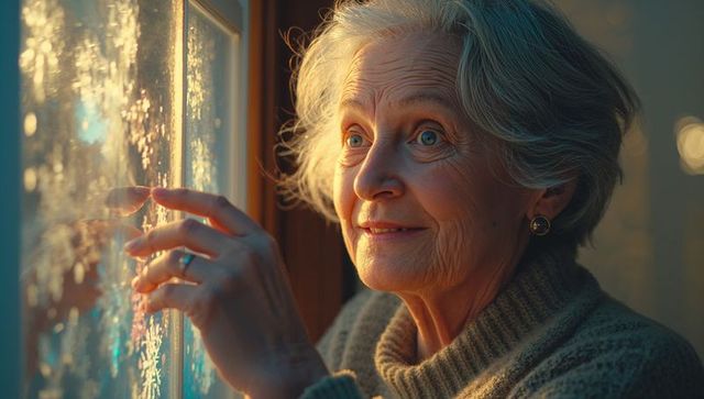 Woman admiring frost on window conveying winter nostalgia