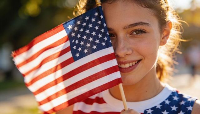 Smiling teen girl holding us flag during golden hour patriotic portrait outdoors