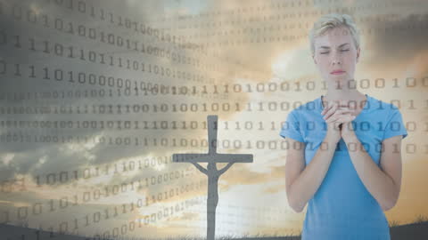 Digital Faith: Young Woman Praying with Abstract Code Overlay