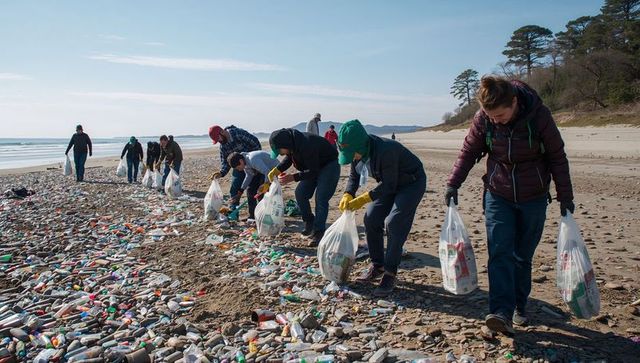 Volunteers collecting plastic waste on rocky shoreline during community beach cleanup