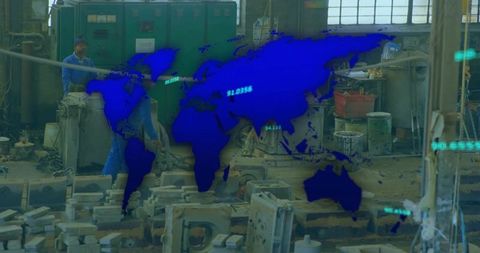 Foundry workers moving molds in industrial workshop with world map overlay and manufacturing data